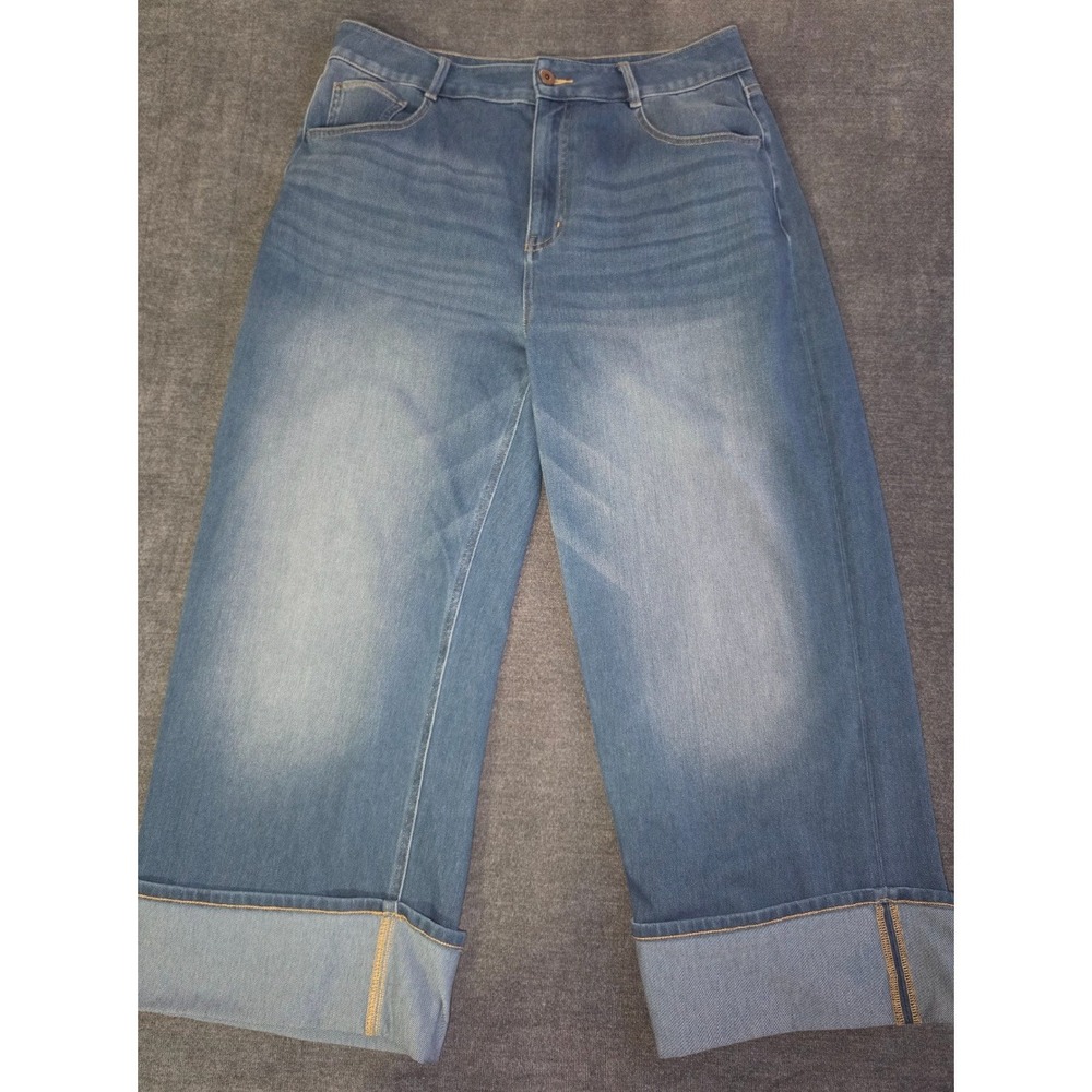 Halara Womens Wide Leg Cuffed Jeans Medium Wash High Rise Petite Size L 02639477
